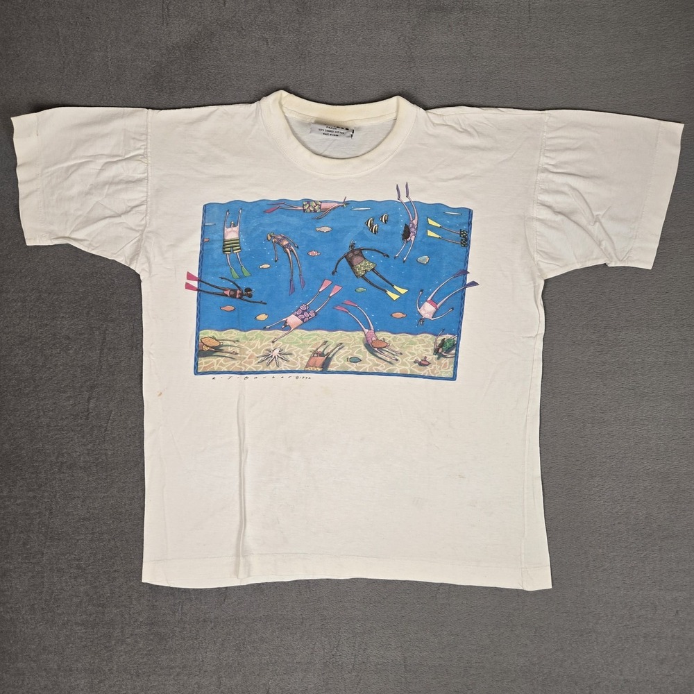 VTG Artwear Collection RJ Barber T-shirt Mens Medium Swimmers Graphic White 90s
